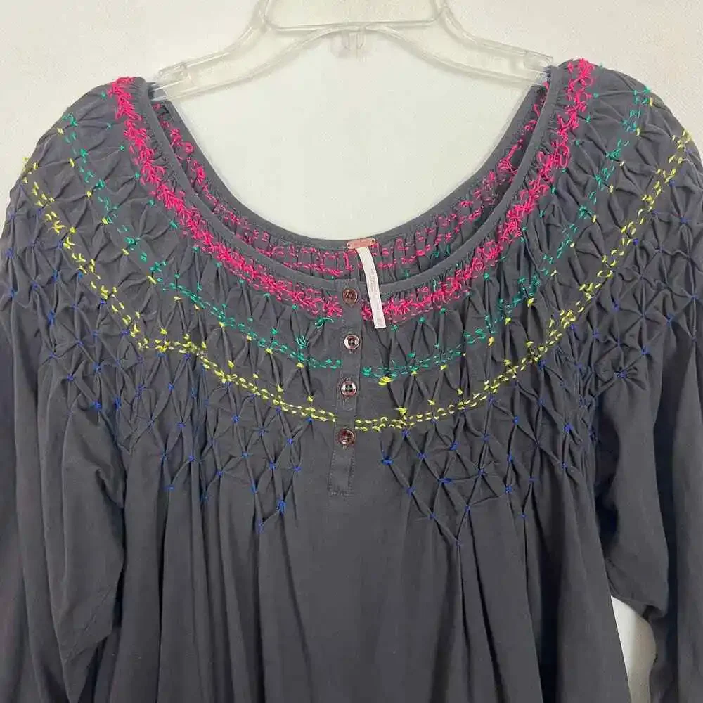 Free People Embroidered Boho 3/4 Puff Sleeve Gray Top Size XS